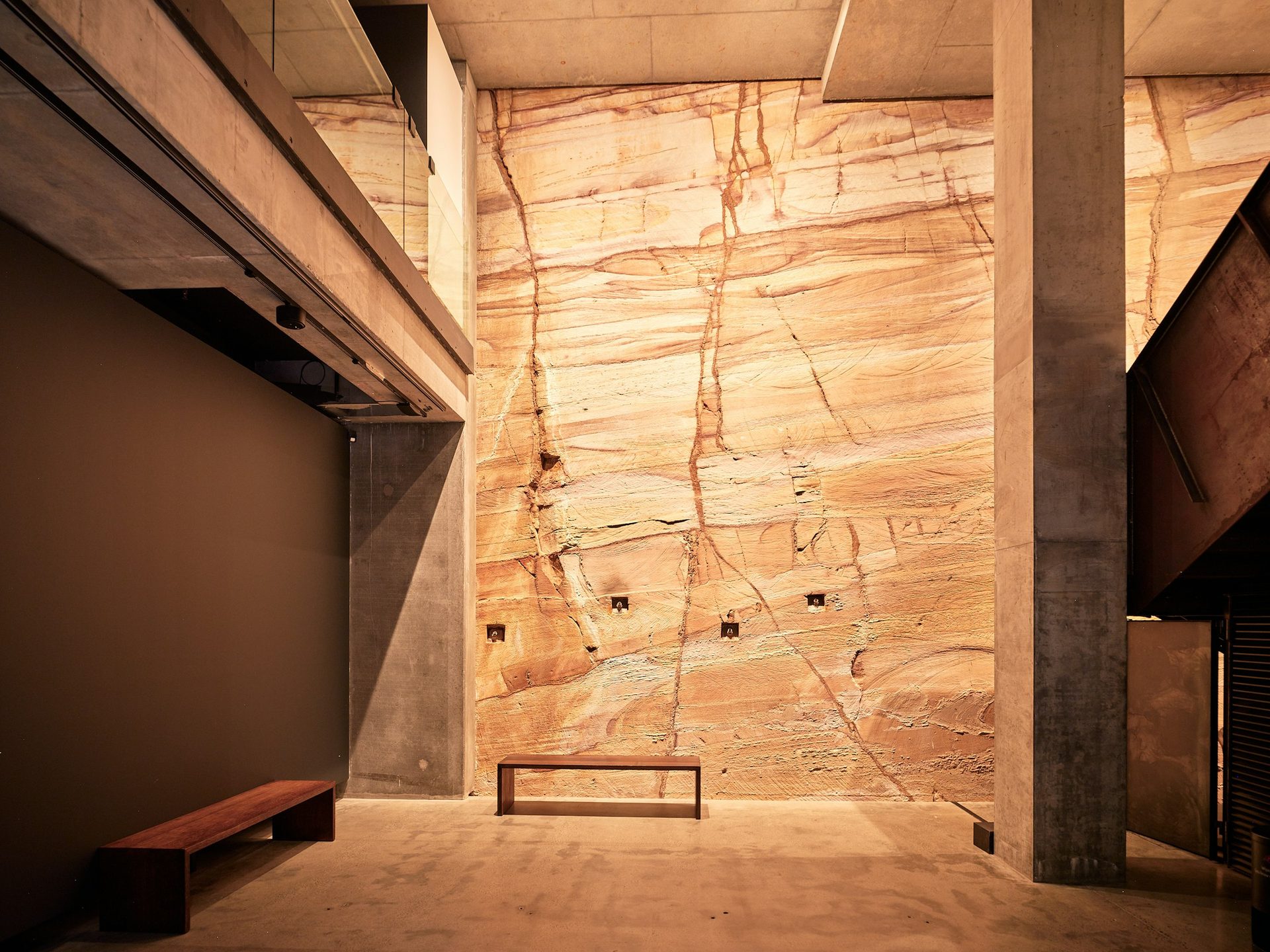 Interior with textured stone wall