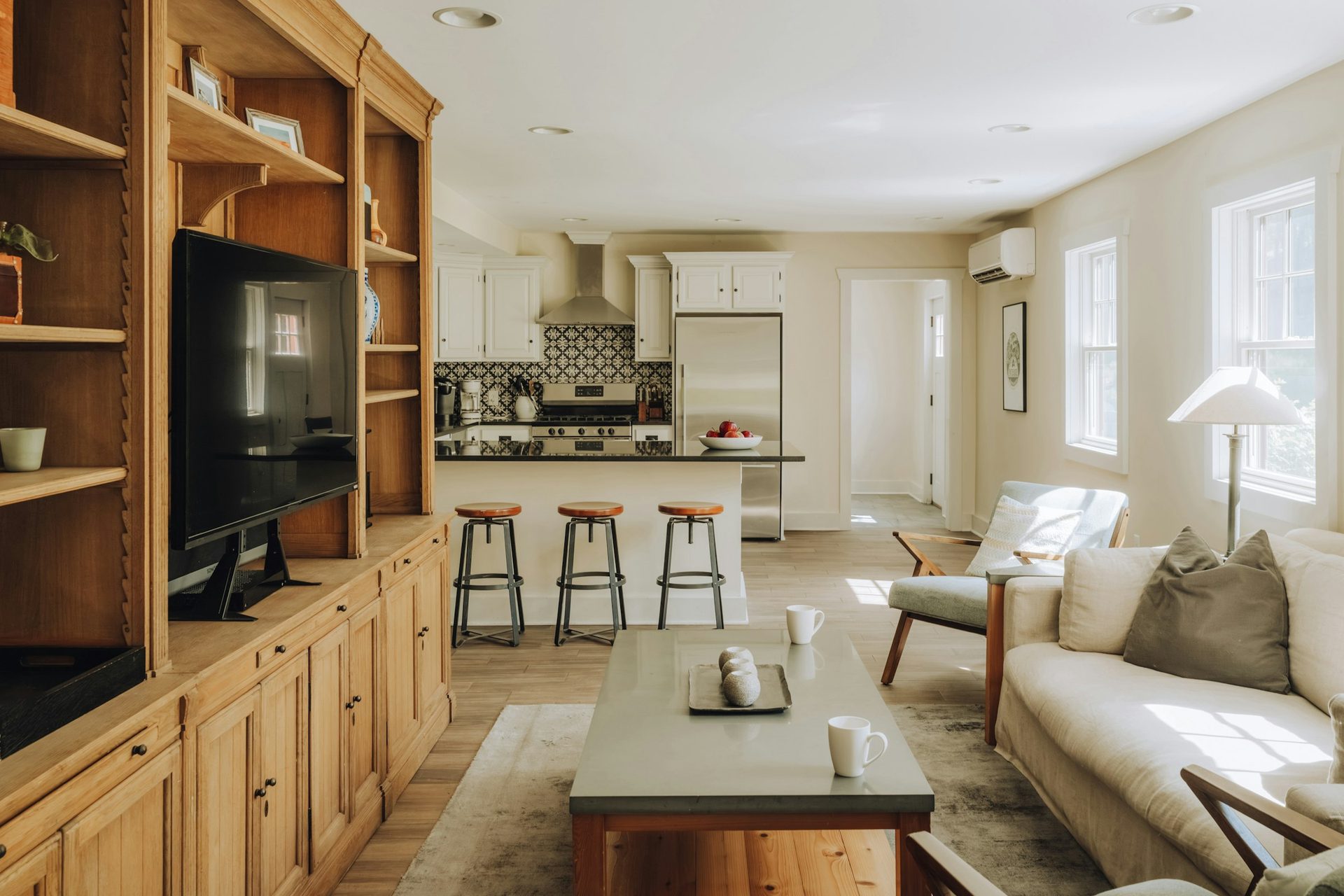 Family living room with built-in shelves