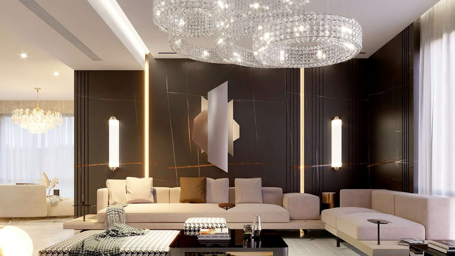 Living room with marble accent wall (render)